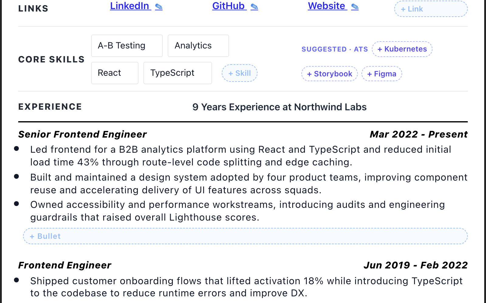 Inline resume editing