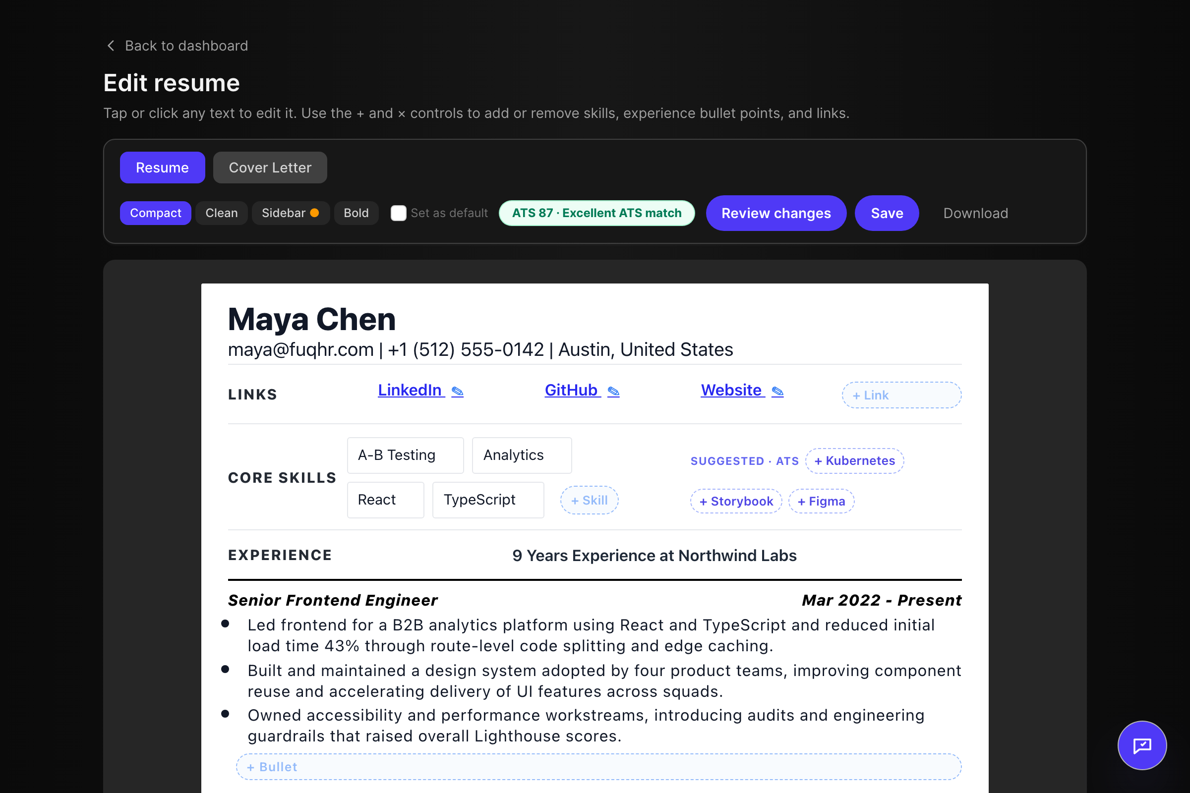 Resume editor with template picker