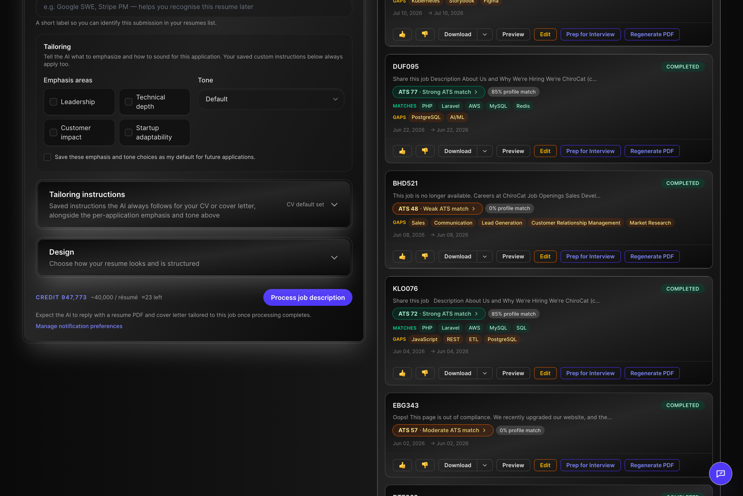 AI tailoring panel matching a job ad