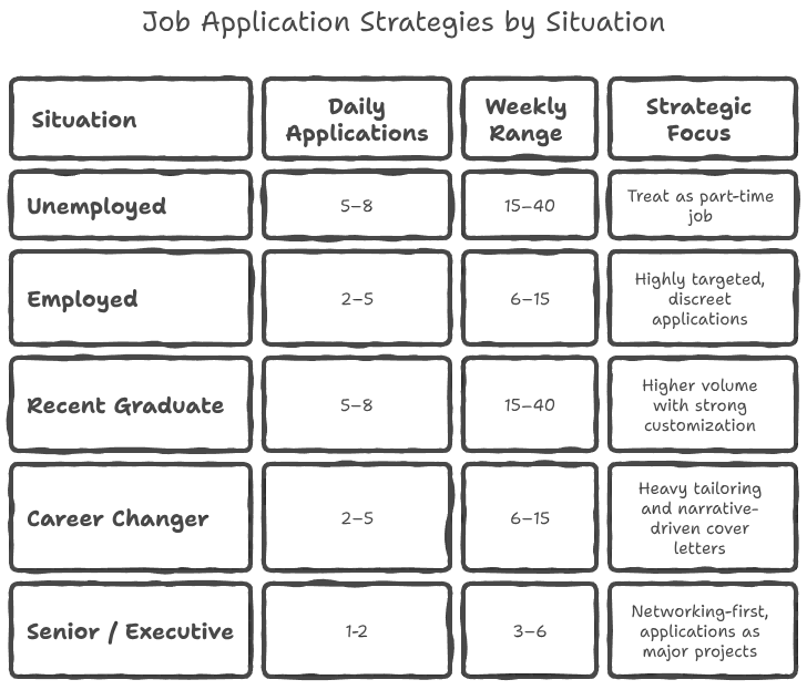 Table showing recommended daily and weekly job application volumes by career stage, including unemployed, employed, recent graduate, career changer, and senior or executive roles, with guidance on strategic focus for each.